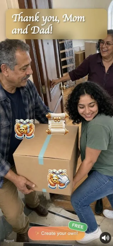 Opened thank-you card with family moving-day photos and interactive presents