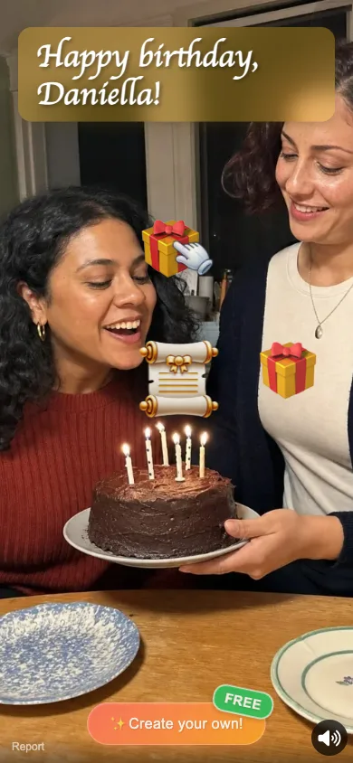 Opened Daniella birthday card with a candlelit photo, presents, and a Create your own button